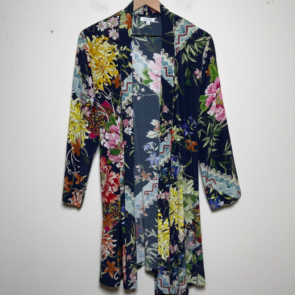 Johnny Was Women 100% SILK Kimono Robe Small Navy Blue Floral Patchwork Artsy